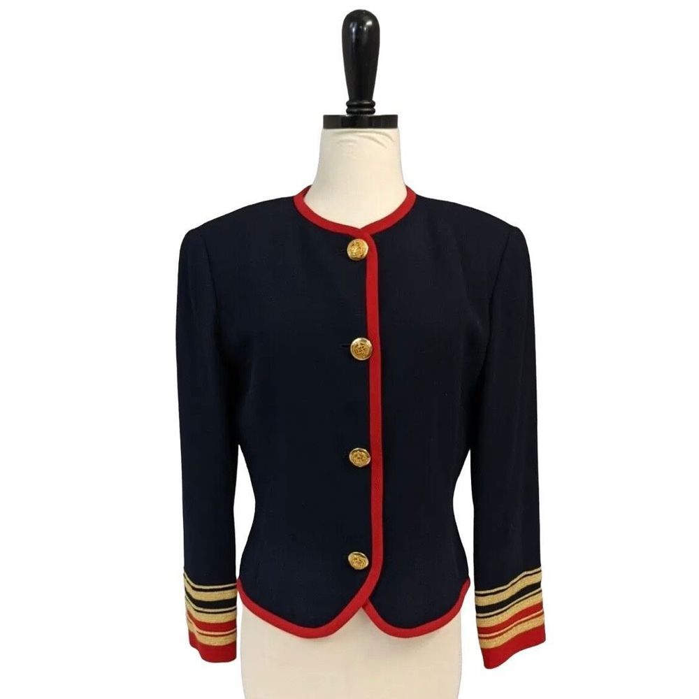Vintage 100% Wool Military Blazer Gold Buttons Embroidered Navy Red